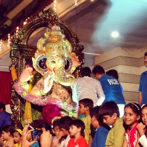 A Ganpati being paraded around a compound before immersion at Juhu Beach.