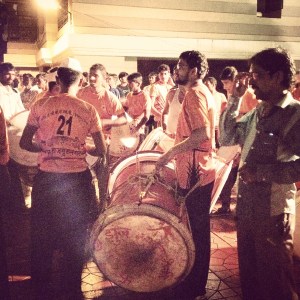 Drummers taking rest between intense drumming sessions.